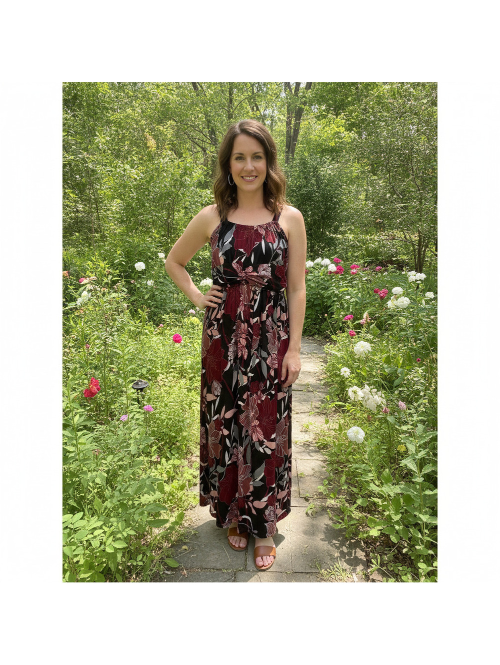 027 Lildy Floral Pleated Maxi Dress Black Burgundy Pink Empire Waist L-XL